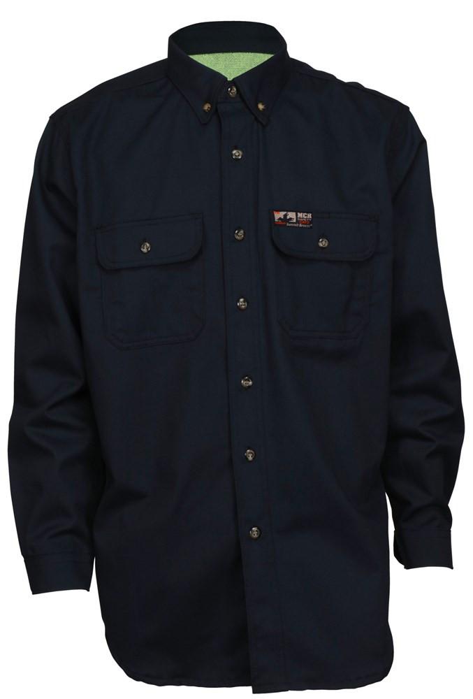 Introducing the MCR Safety Summit Breeze 7 oz FR Shirt SBS200: a dark blue, flame-resistant long-sleeve button-up shirt equipped with two chest pockets, each with a flap and button closure. The shirt features a small rectangular logo patch on one pocket. Designed from sturdy fabric, this FR shirt seamlessly blends safety with style.