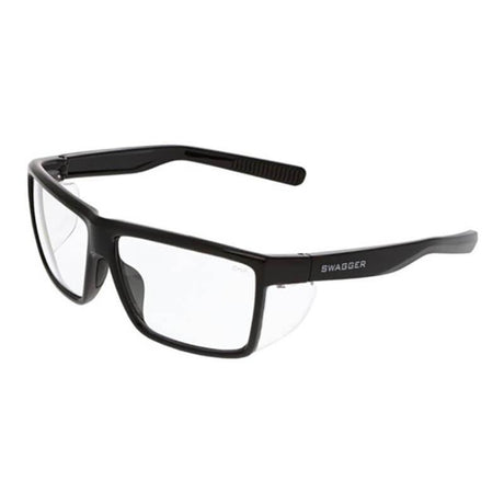 The MCR Swagger SR2 Black Frame Safety Glasses SR21 by MCR Safety provide a stylish and secure solution for those prioritizing eye health, featuring a black rectangular design with UV protection and the brand name "SWAGGER" emblazoned on the side.