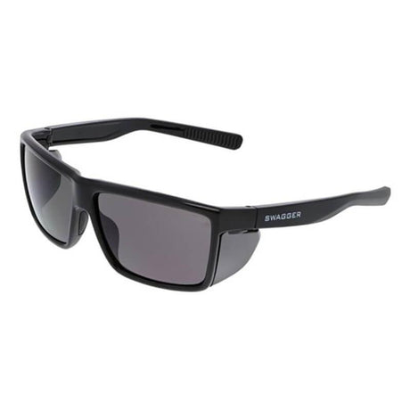 The MCR Swagger SR2 Black Frame Safety Glasses SR21, branded by MCR Safety, feature rectangular black frames with dark lenses that provide UV protection. The word "SWAGGER" is printed on the temple arms, effortlessly merging fashion with functionality.