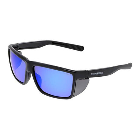 A pair of MCR Swagger SR2 Black Frame Safety Glasses SR21 featuring rectangular frames and reflective blue lenses. The black frame is adorned with the word "SWAGGER" on the side, providing both UV protection and a dash of style.