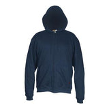 A MCR Safety FR Max Comfort Hooded Sweatshirt in navy, displayed on an invisible mannequin, with the hood up. This flame-resistant hoodie features a full front zipper, two front pockets, and a relaxed fit.