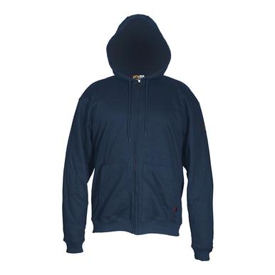 The MCR Safety FR Max Comfort Hooded Sweatshirt Navy SS1N is a plain navy blue sweatshirt featuring a front zipper, convenient pockets, and a hood, showcased against a white background.