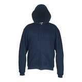 A navy MCR FR Max Comfort Hooded Sweatshirt by MCR Safety, featuring a zip-up front and two pockets, is displayed against a plain white backdrop. The hood is up, offering a relaxed and casual appearance while providing electrical safety with its flame-resistant design.