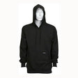 The MCR Safety FR Max Comfort Hooded Sweatshirt Black SS2BK is displayed on a faceless mannequin, featuring a front pocket and drawstrings. Designed for maximum comfort, it's also NFPA 2112 certified, offering both style and safety.