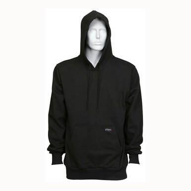 The MCR Safety FR Max Comfort Hooded Sweatshirt Black SS2BK is displayed on a faceless mannequin, featuring a front pocket and drawstrings. Designed for maximum comfort, it's also NFPA 2112 certified, offering both style and safety.