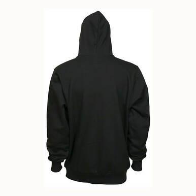 The MCR Safety MCR FR Max Comfort Hooded Sweatshirt Black SS2BK is seen from the back with its hood up, showcasing a simple and plain design with long sleeves and a relaxed fit. This black hoodie exudes comfort and is displayed against a plain white background.