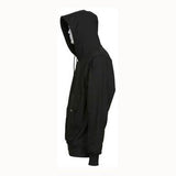 A MCR Safety FR Max Comfort Hooded Sweatshirt Black SS2BK, featuring NFPA 2112 certification and flame resistance, is displayed on a mannequin viewed from the side. With the hood up, it ensures maximum comfort while concealing the mannequin's face.