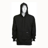 A mannequin dressed in the MCR Safety MCR FR Max Comfort Hooded Sweatshirt Black SS2BK, showcasing its flame-resistant design with a hood up. This hoodie offers maximum comfort with its front pocket and drawstrings, all set against a plain white background.