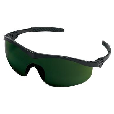 A set of MCR ST1 Storm Welding Safety Glasses ST11_0, offered in a pack of 12 pairs by MCR Safety, featuring sleek dark green tinted lenses and a wraparound design with black frames. These curved, scratch-resistant lenses ensure comprehensive coverage for welding safety protection.