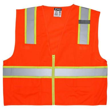 The MCR Safety Reflective Stripe 6 Pocket Vest SURVO, by MCR Safety, is ideal for traffic safety with its vibrant orange color and reflective silver and yellow stripes. Its sleeveless design includes a front zipper and two pockets, ensuring it meets high visibility standards in various work environments.