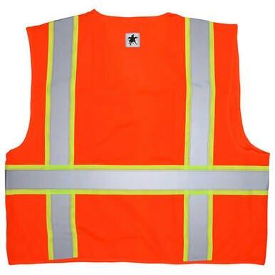 The MCR Safety Reflective Stripe 6 Pocket Vest SURVO features an orange high visibility design with reflective silver and yellow stripes that run vertically and horizontally across the back, making it ideal for traffic safety.