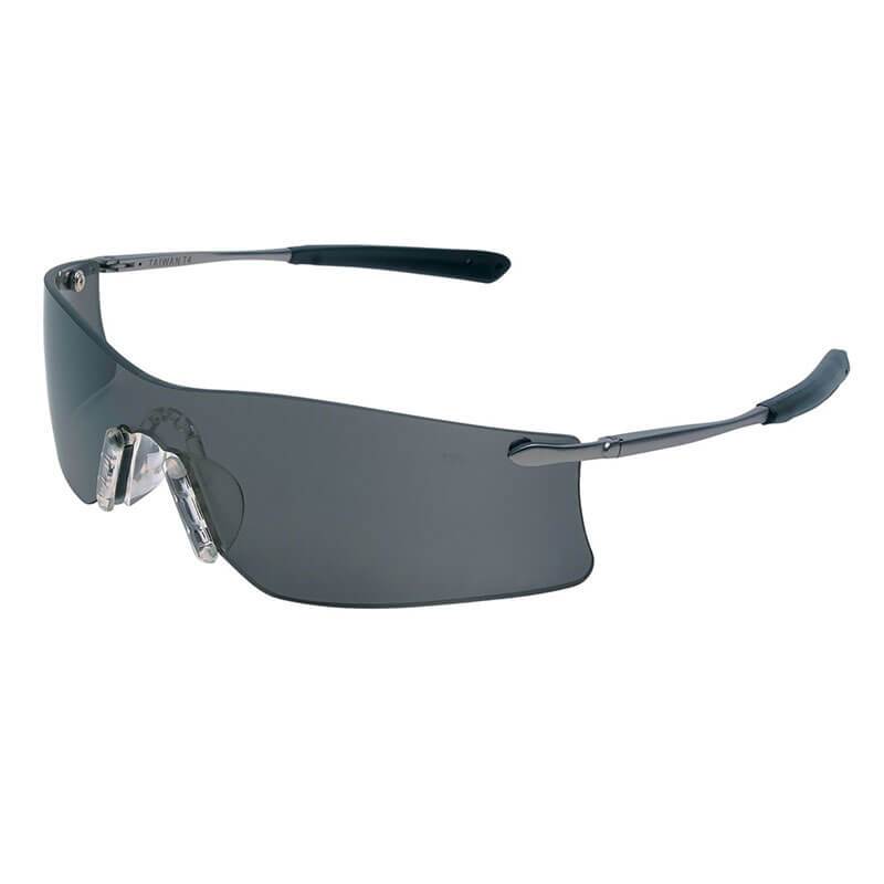 Explore the MCR Safety PRO Rubicon Anti-Fog Safety Glasses, offering a sleek, frameless design with dark tinted lenses and slim metal arms. These stylish glasses include adjustable nose pads, a Duramass scratch-resistant coating, and comply with ANSI Z87.1 standards for maximum protection and style. Packed 12 per box under the trusted MCR Safety brand.