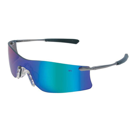 Close-up of the stylish MCR Safety PRO Rubicon Anti-Fog Safety Glasses showcasing a frameless sports design with reflective blue lenses and slim black temple arms. These safety glasses, compliant with ANSI Z87.1 standards, are equipped with adjustable nose pads for enhanced comfort and feature a Duramass scratch-resistant coating for long-lasting durability.