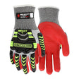 A pair of MCR Safety UltraTech Hi-Vis 13G Mechanics Gloves UT2953 featuring gray and red colors with black and green impact protection. These cut-resistant gloves prominently display "MCR Safety" along with a label indicating a cut hazard rating.