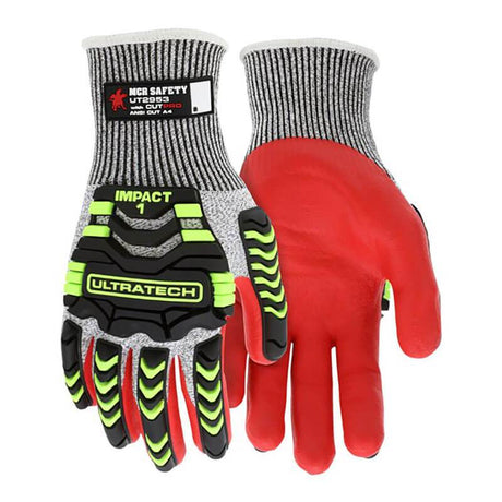 Introducing the MCR Safety UltraTech Hi-Vis 13G Mechanics Gloves UT2953, a pair of heavy-duty, cut-resistant work gloves featuring striking red palms, black and neon green protective knuckles, and a gray knit pattern on the wrist. Emblazoned with "Impact" and "Ultratech" on the back for added flair.