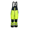 The MCR Safety UltraTech Hi-Vis Poly Breathable PU Coating Bib UT38BP features high-visibility yellow and black colors with reflective material, adjustable suspenders, knee pad pockets, and various storage compartments. These overalls are designed to ensure safety in low-light conditions.