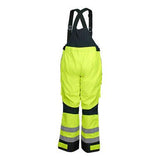 The MCR Safety UltraTech Hi-Vis Poly Breathable PU Coating Bib UT38BP showcases a bright yellow color with black accents and reflective strips, viewed from the back. Specifically designed for outdoor work environments that demand heightened visibility, these bib pants are equipped with sturdy knee pad pockets to enhance protection and comfort.