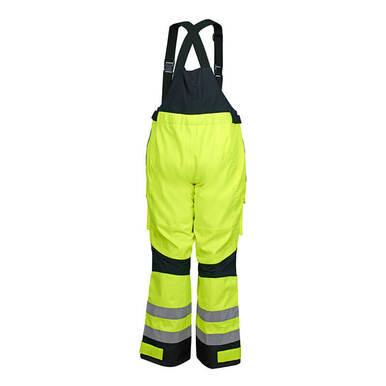 The MCR Safety UltraTech Hi-Vis Poly Breathable PU Coating Bib UT38BP showcases a bright yellow color with black accents and reflective strips, viewed from the back. Specifically designed for outdoor work environments that demand heightened visibility, these bib pants are equipped with sturdy knee pad pockets to enhance protection and comfort.