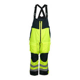 The MCR Safety UltraTech Hi-Vis Bib UT38BP features a bright yellow and black color scheme with reflective stripes, adjustable shoulder straps, and multiple pockets, including convenient knee pad pockets.