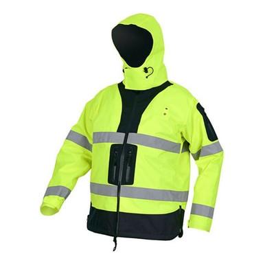 The MCR Safety Ultra Tech Hi-Vis Poly with Breathable PU Coating Rain Jacket UT38JH is a lime green, ANSI/ISEA Class 3 certified essential that includes a hood and reflective gray stripes. Designed with black accents, zippered pockets, and a front closure, this waterproof parka ensures safety without sacrificing style.