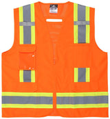 The MCR Luminator Series Hi Vis Reflective Safety Vest V2_00 by MCR Safety features reflective silver and yellow stripes for high visibility. It is equipped with two front pockets and a secure zipper closure to ensure maximum visibility on the job.