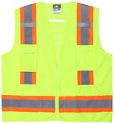 The MCR Safety Luminator Series Hi Vis Reflective Safety Vest V2_00 features a vibrant yellow design with both horizontal and vertical reflective orange and gray stripes. Engineered for safety, this vest is equipped with multiple pockets and a zipper front closure, providing maximum visibility and convenience for any user.