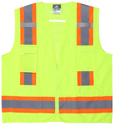 The MCR Safety Luminator Series Hi Vis Reflective Safety Vest V2_00 features a vibrant yellow design with both horizontal and vertical reflective orange and gray stripes. Engineered for safety, this vest is equipped with multiple pockets and a zipper front closure, providing maximum visibility and convenience for any user.