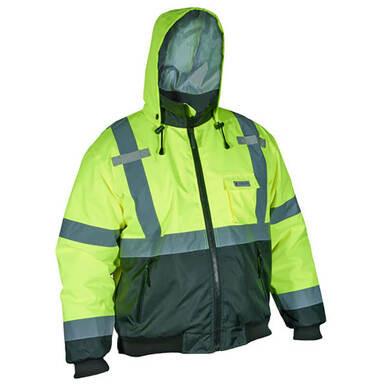 The MCR Safety Luminator Two Tone Value Bomber Jacket VBBCL3L is an ANSI/ISEA Class 3 high-visibility safety jacket with a hood, featuring bright yellow and dark green colors enhanced by reflective gray stripes. It's ideal for outdoor or work environments where visibility is essential.