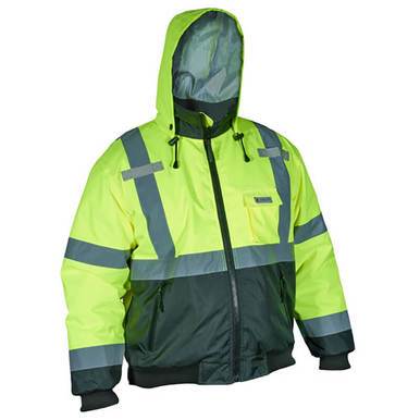 The MCR Safety Luminator Two Tone Value Bomber Jacket VBBCL3L is a high-visibility jacket with a hood, combining bright yellow-green and dark green for enhanced safety. It meets ANSI/ISEA Class 3 standards and features reflective gray stripes on the sleeves, chest, and back. The zip-up design makes it ideal for outdoor use.