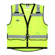 The MCR Luminator Series Hi Vis Reflective Lime Safety Vest VSURVMLB by MCR Safety showcases fluorescent lime fabric with reflective gray stripes and black trim. It is equipped with multiple pockets for enhanced functionality and is designed to meet ANSI Class 2 standards, ensuring superior visibility.