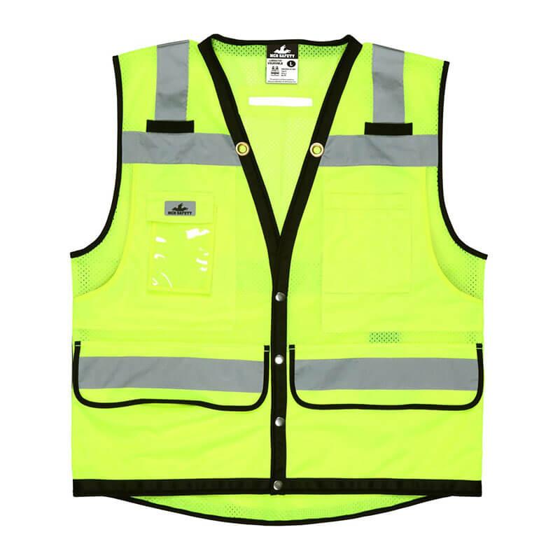 The MCR Luminator Series Hi Vis Reflective Lime Safety Vest VSURVMLB by MCR Safety showcases fluorescent lime fabric with reflective gray stripes and black trim. It is equipped with multiple pockets for enhanced functionality and is designed to meet ANSI Class 2 standards, ensuring superior visibility.