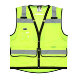 The MCR Luminator Series Hi Vis Reflective Lime Safety Vest VSURVMLB by MCR Safety showcases fluorescent lime fabric with reflective gray stripes and black trim. It is equipped with multiple pockets for enhanced functionality and is designed to meet ANSI Class 2 standards, ensuring superior visibility.