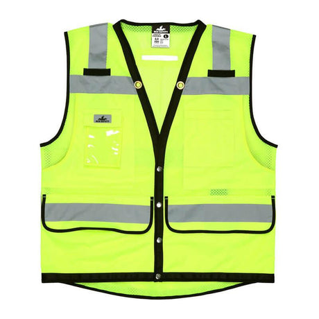 The MCR Luminator Series Hi Vis Reflective Lime Safety Vest VSURVMLB by MCR Safety showcases fluorescent lime fabric with reflective gray stripes and black trim. It is equipped with multiple pockets for enhanced functionality and is designed to meet ANSI Class 2 standards, ensuring superior visibility.