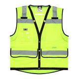 The MCR Safety Luminator Series Hi Vis Reflective Lime Safety Vest VSURVMLB features fluorescent lime material with gray reflective stripes, pockets, and black trim. This high-visibility vest provides visibility and protection in work environments, conforming to ANSI Class 2 safety standards.