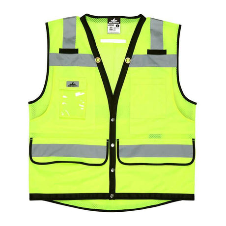 The MCR Safety Luminator Series Hi Vis Reflective Lime Safety Vest VSURVMLB features fluorescent lime material with gray reflective stripes, pockets, and black trim. This high-visibility vest provides visibility and protection in work environments, conforming to ANSI Class 2 safety standards.