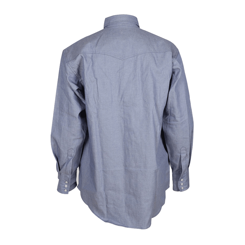 The ForgeFR Chambray Shirt MFRCLS0010 is seen from the back, showcasing its long sleeves and button-up design in a light blue denim. Perfect for workwear, this shirt combines style with practicality through its buttoned cuffs and distinctive pointed yoke detail across the shoulders.