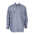 The ForgeFR Chambray Shirt MFRCLS0010 is a key piece from our Flame Resistant Clothing line, showcasing a blue chambray design with a button-up front and two chest pockets secured by button closures. Distinctive small black and red tags above the left pocket and a white tag above the right pocket add to its functional workwear appeal