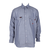 The ForgeFR Chambray Shirt MFRCLS0010 is a key piece from our Flame Resistant Clothing line, showcasing a blue chambray design with a button-up front and two chest pockets secured by button closures. Distinctive small black and red tags above the left pocket and a white tag above the right pocket add to its functional workwear appeal