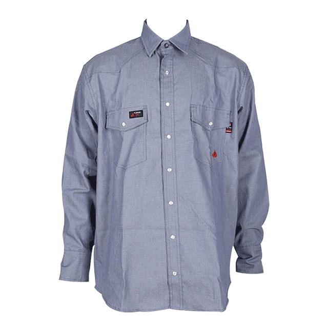 The ForgeFR Chambray Shirt MFRCLS0010 is a key piece from our Flame Resistant Clothing line, showcasing a blue chambray design with a button-up front and two chest pockets secured by button closures. Distinctive small black and red tags above the left pocket and a white tag above the right pocket add to its functional workwear appeal