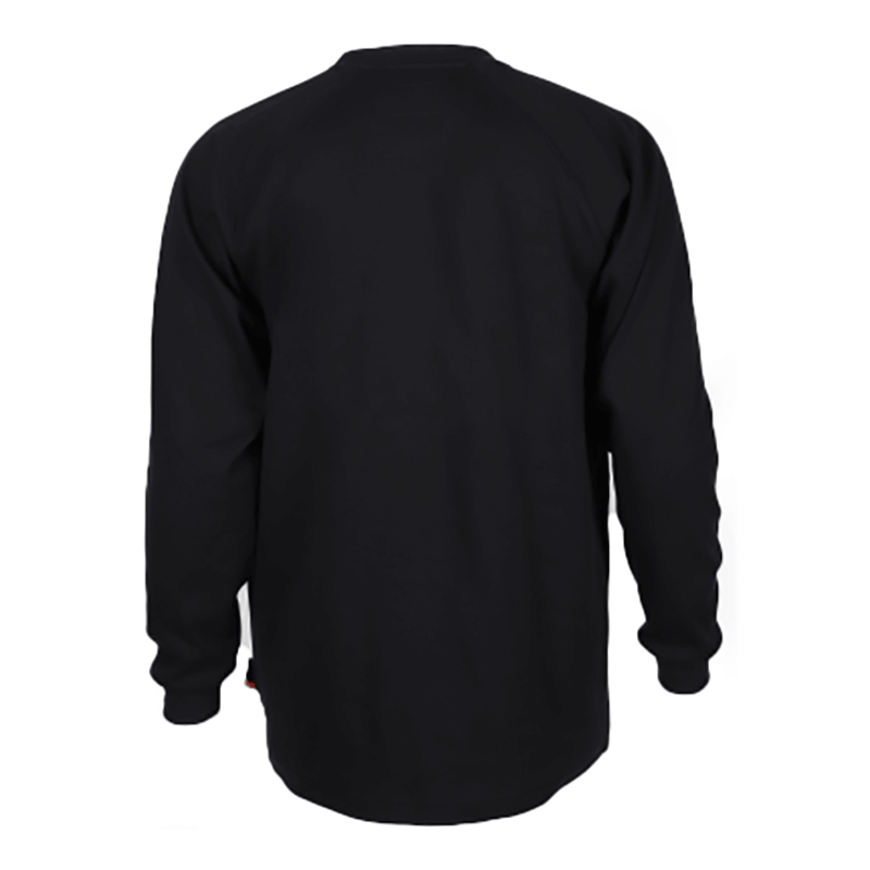 The ForgeFR Forge FR Crew Neck Tee MFRCNT-009 is shown from the back against a white background—a plain black long-sleeve, crewneck style ideal for workwear.
