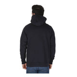 A person wearing a ForgeFR Forge FR Pullover Hoodie MFRHDY0033 (black, NFPA 2112, ATPV 21 cal/cm²) and blue jeans stands with their back to the camera against a plain white background.