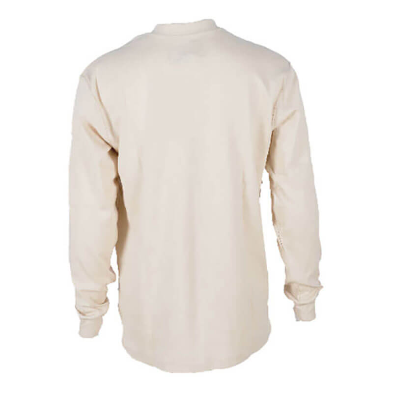 The ForgeFR Forge FR Henley MFRHNLY-004 is a long-sleeve beige shirt with a crew neckline and ribbed cuffs, shown from the back. It’s NFPA 2112 compliant for flame-resistant safety and style.