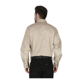 A man stands with his back to the camera, wearing a ForgeFR Forge FR Solid Button Shirt MFRLB2PS024 and black pants against a plain white background.