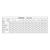 The ForgeFR Forge FR Solid Shirt MFRSLD-002 size chart (S–3XLT) shows chest, back length, shoulder, sleeve, and collar measurements in inches—ideal for NFPA 2112-compliant flame resistant workwear.
