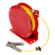 The Stewart R. Browne Heavy Duty Static Grounding Cable Reels ML2930-Y features a red self-retracting drum with coiled yellow cable mounted on a flat base, extending to the REB2960 grounding clamp, and includes multiple bolt holes for secure mounting.
