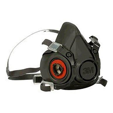 A 3M 6000 Series Half Facepiece Respirator, colored black and gray, boasting a transparent strap, with a circular red valve on the side and proudly displaying the "3M" logo on the front.