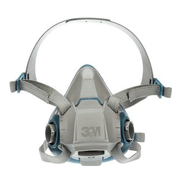 Introducing the 3M Half Facepiece Reusable Respirator 6500 Series, a gray and blue mask that offers respiratory protection by covering the nose and mouth. It features adjustable straps for a secure fit, a central front exhalation valve, and compatibility with 3M cartridges.