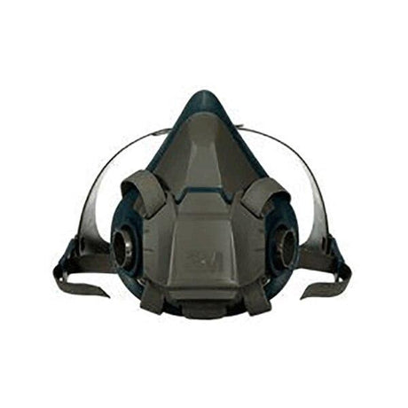 The 3M Half Facepiece Reusable Respirator 6500 Series, in charcoal gray, is designed for safety and respiratory protection with black pre-filters. It offers adjustable straps for a secure fit and is compatible with 3M cartridges.