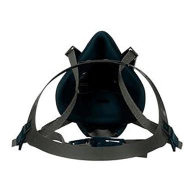 Front view of the 3M 6500QL Quick-Release Half Face Respirator Mask, featuring adjustable straps and a dark filter area, designed to cover the nose and mouth. This mask, made by 3M, offers a quick-release feature and is intended for use in environments requiring respiratory protection.