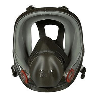 The 3M 6000 Series Full Facepiece Respirator features a dark gray frame and a clear visor. It is equipped with a NIOSH-approved dual filtration system that includes two red filter ports on the sides. The adjustable straps ensure a secure fit, facilitating easy replacement of filters and cartridges as needed.